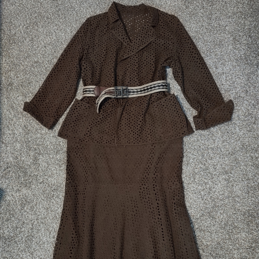 Vintage Size XL Skirt & Open front Jacket Brown open work embroidery Johnny Was?